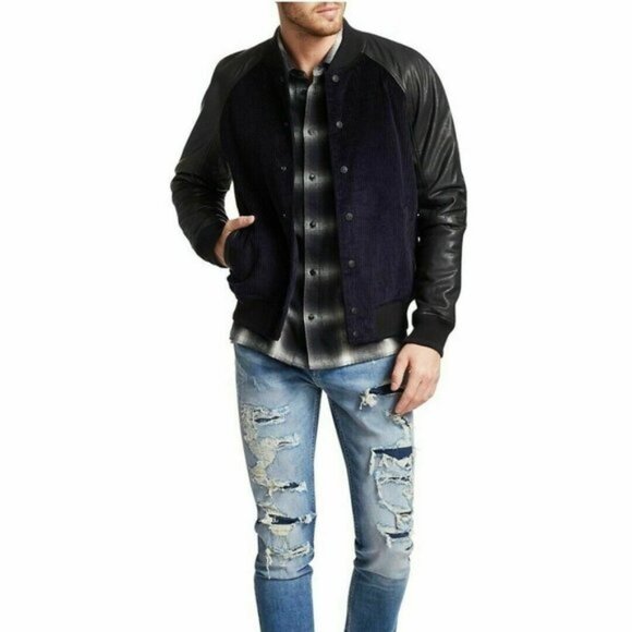 Hudson Jeans Leather Sleeve Navy Black Corduroy Varsity Jacket